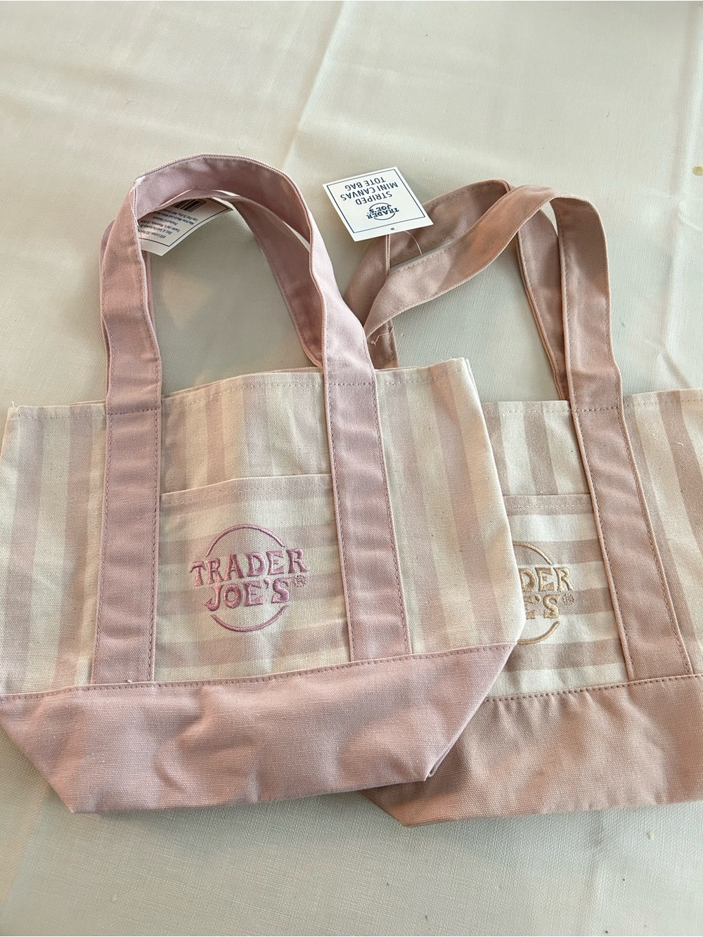 Trader Joe's Pink and Taupe Striped Canvas Tote Bags New